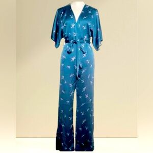 NWT Birds Blue Teal Crane Print Wide Leg Jumpsuit Medium Resortwear Open Back